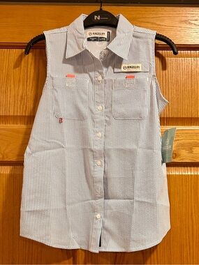 NWT Magellan Outdoors Girls Blue & White Striped Sleeveless Button-Up Size 12-14